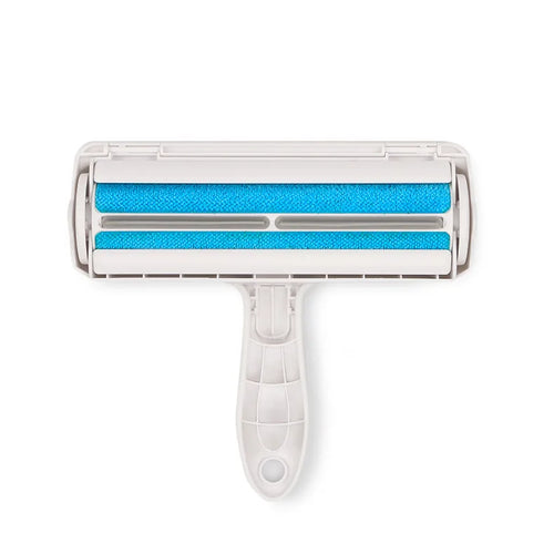 Blue reusable pet hair remover roller for cleaning compatible fabric surfaces