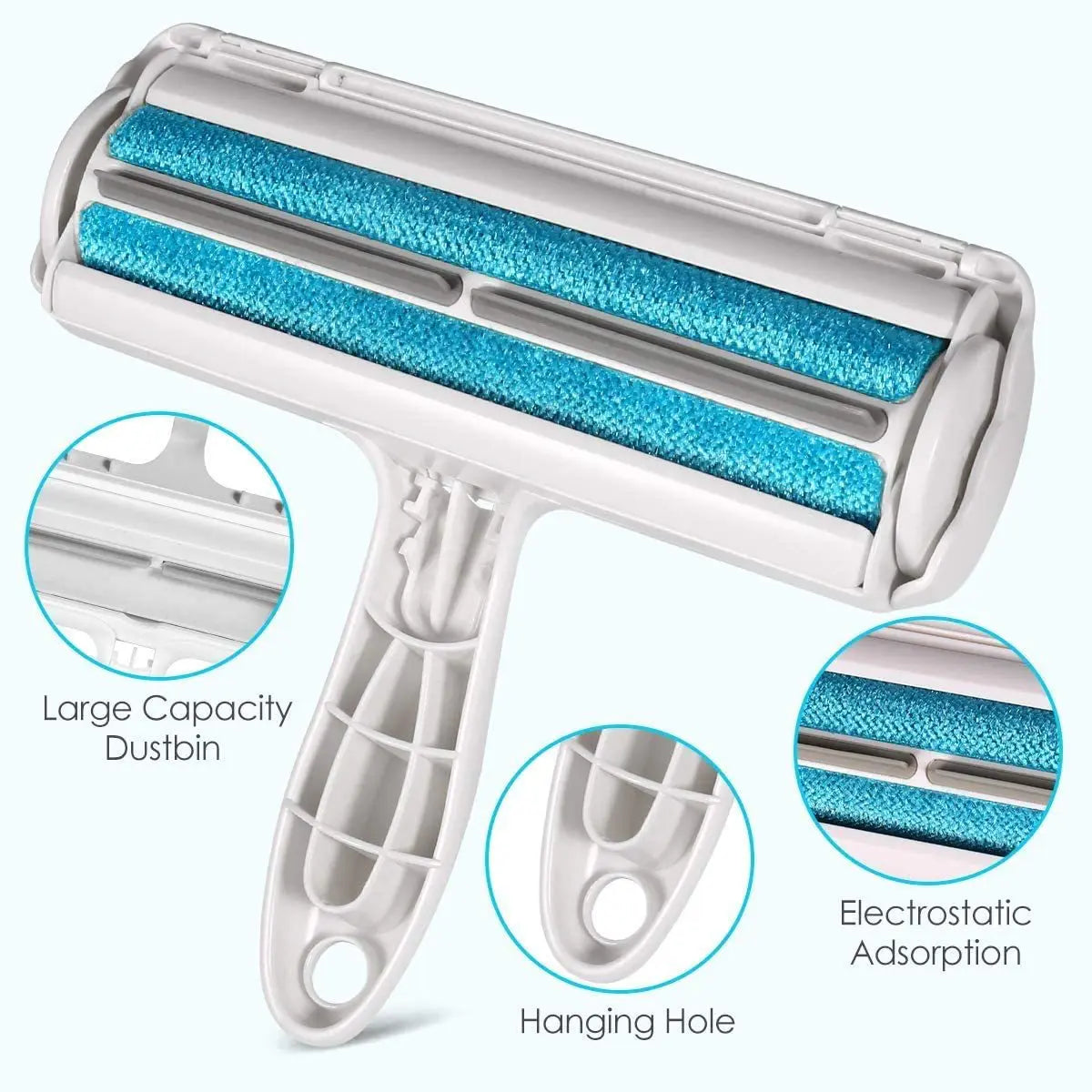 Blue reusable pet hair remover roller with collection chamber details